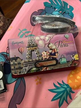 Nicole Lee Pink Paris Romance Wallet Crossbody with Eiffel Tower Artwork